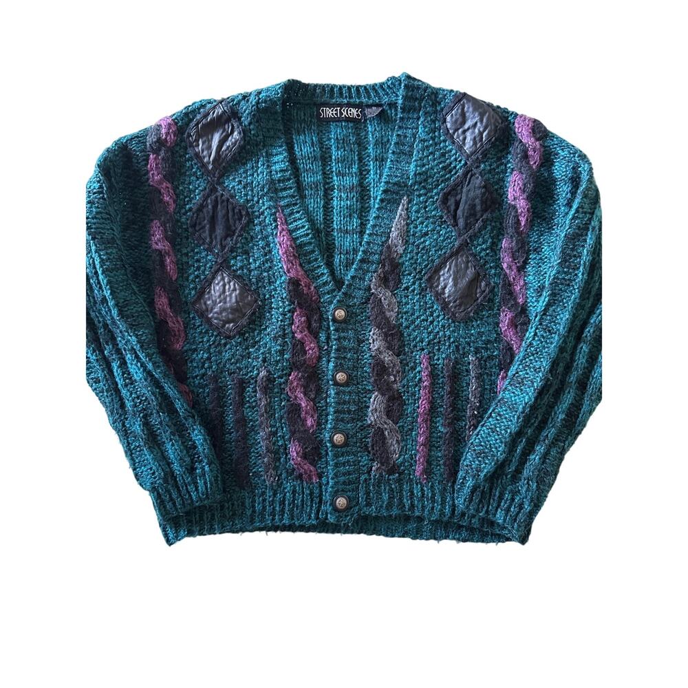 Vintage 80s Street Scenes Teal Purple Chunky Acrylic Cardigan Sweater M
